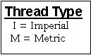 Text Box: Thread Type   I = Imperial  M = Metric